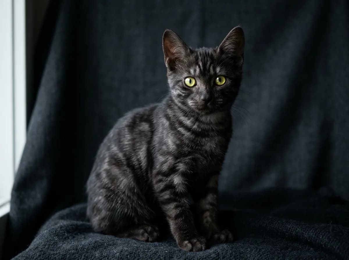 Dark charcoal grey tabby kitten with near-black mackerel stripes and yellow-green eyes on a dark backdrop