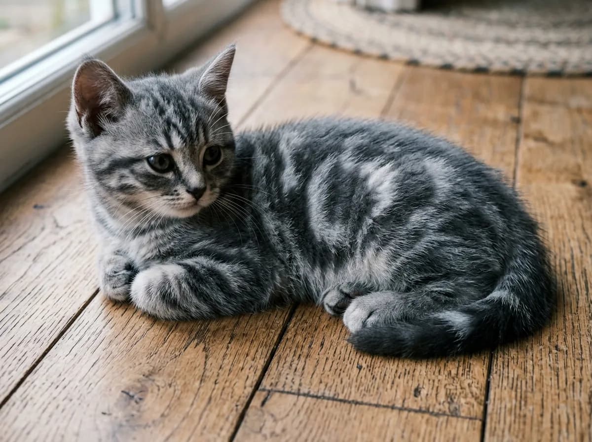Grey classic tabby kitten with bold swirled bullseye markings on its side lying on a wooden floor