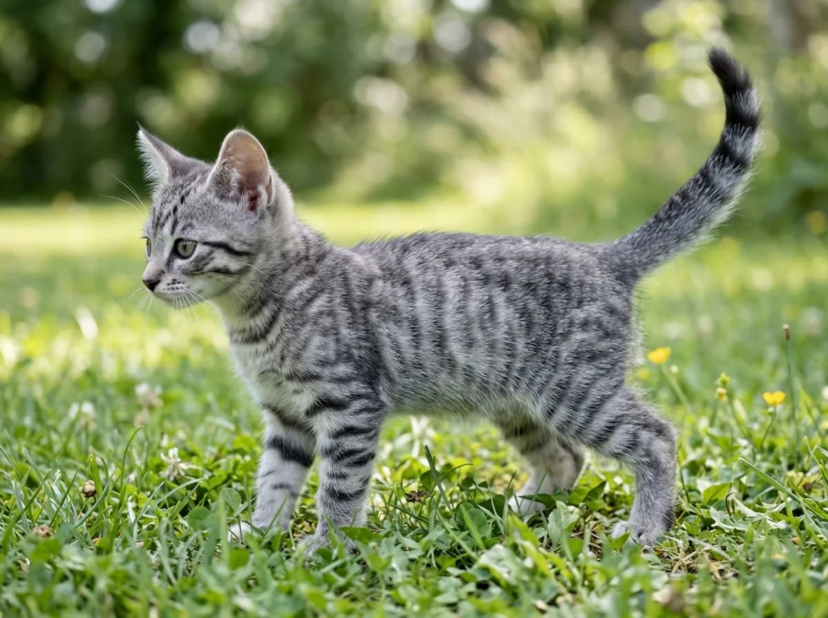 Grey mackerel tabby kitten with narrow vertical tiger stripes standing in grass