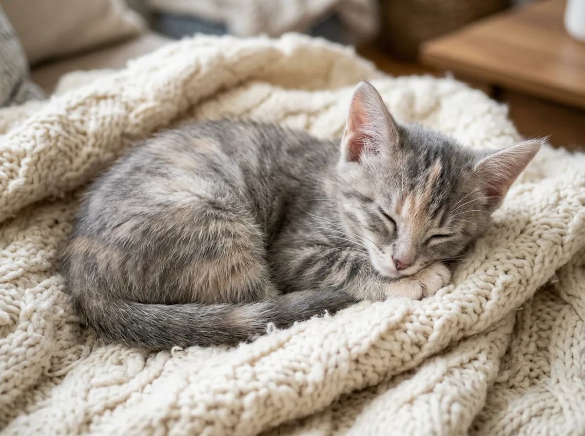 Grey patched tabby (torbie) kitten with soft cream patches in its blue-grey coat, asleep on a knit throw