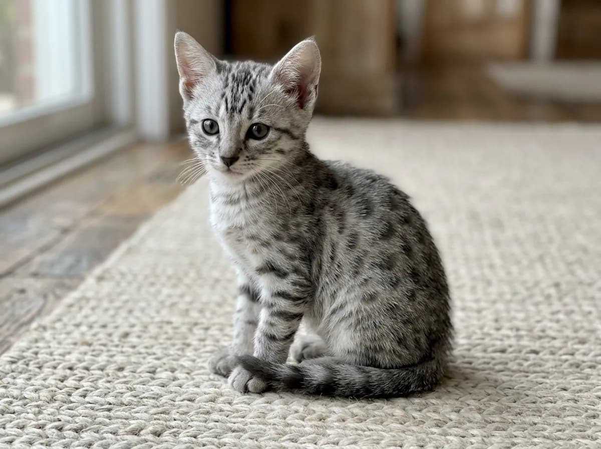 Grey spotted tabby kitten with broken silver spots across its coat sitting upright