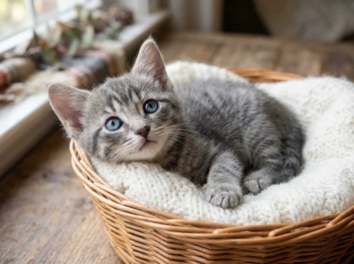 Eight-week-old grey tabby kitten with baby blue eyes that have not yet changed to adult color, lying in a wicker basket