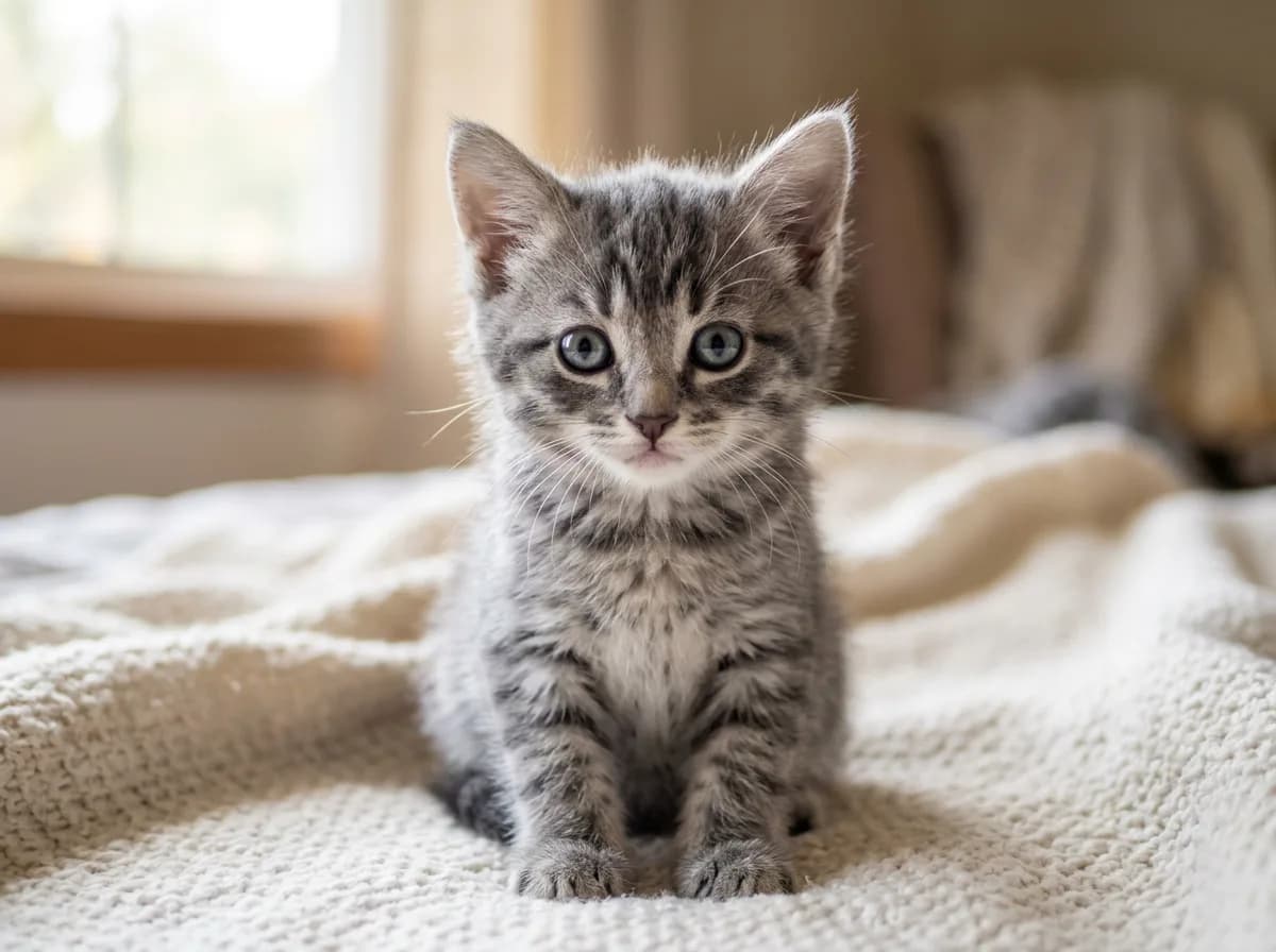 Fluffy grey tabby kitten with blue eyes and a distinct M marking on its forehead sitting on a cream blanket