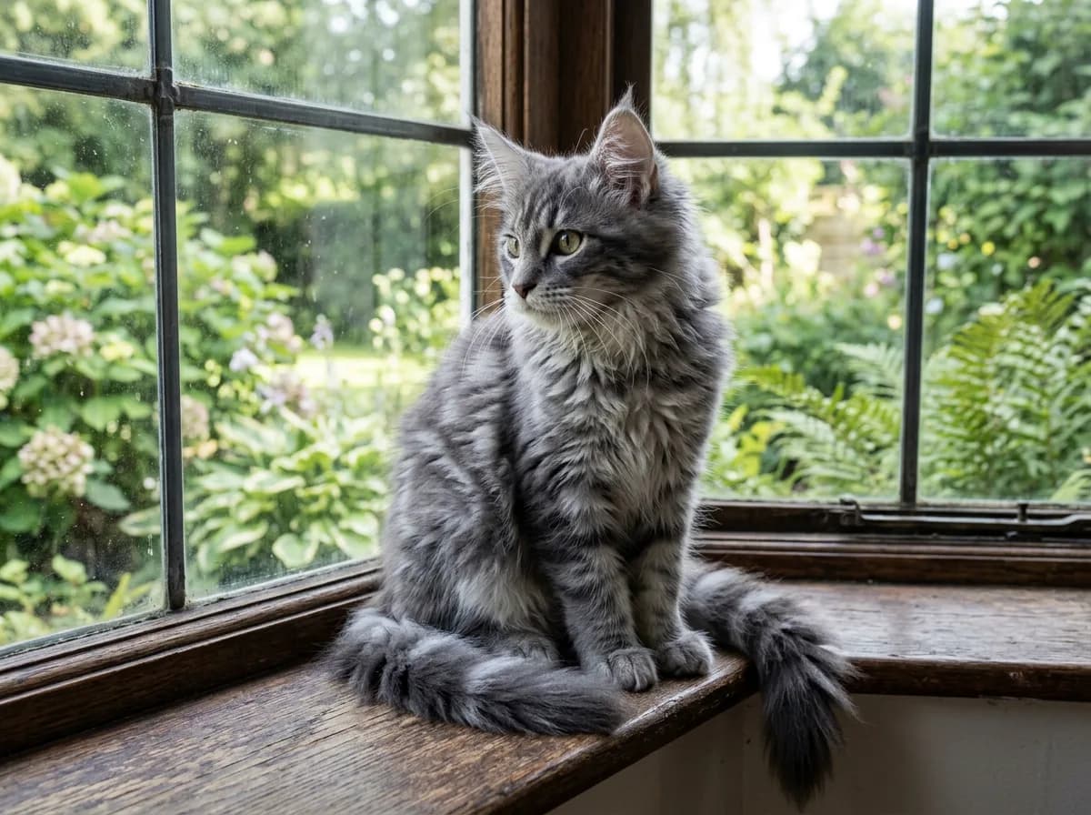 Long-haired grey tabby kitten with a fluffy ruff and plumed tail, Maine Coon type, sitting on a windowsill