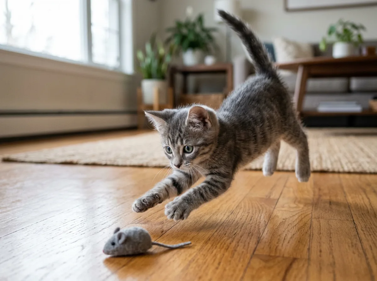 Playful grey tabby kitten mid-pounce on a hardwood floor chasing a felt mouse toy
