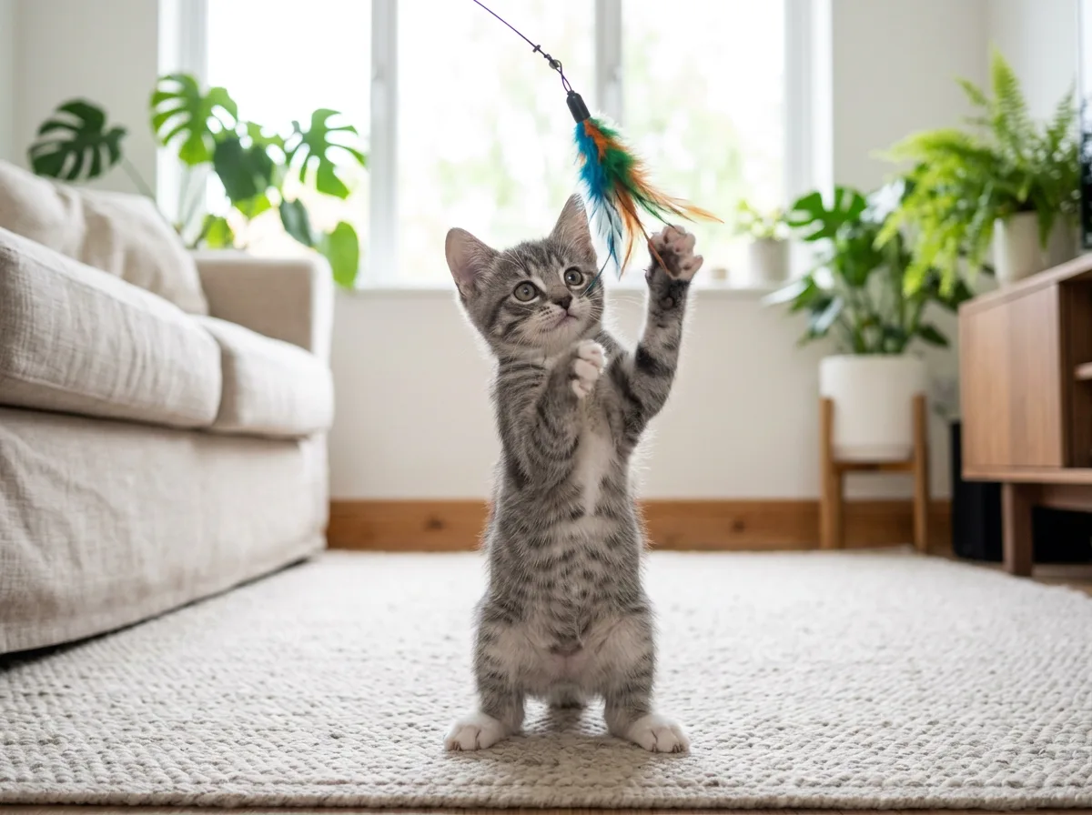 Grey tabby kitten reaching up with both paws to catch a feather wand toy in a bright living room