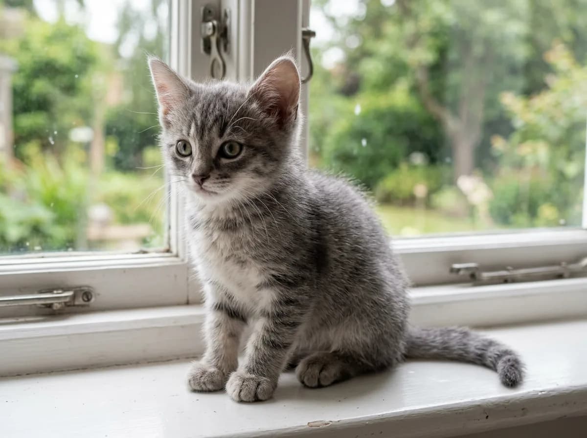 Grey ticked tabby kitten with salt and pepper agouti coat and faint leg barring on a windowsill