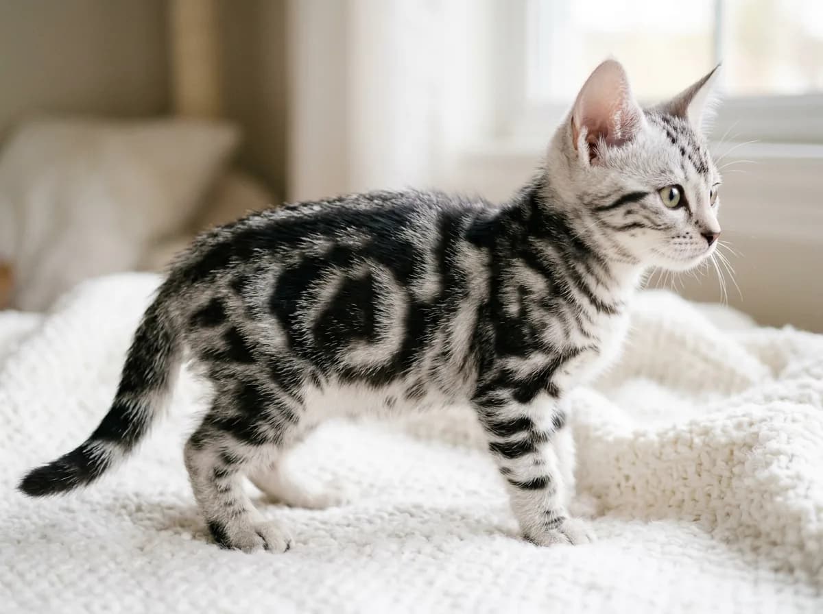 Pale silver tabby kitten with shimmering white undercoat and crisp black classic swirls standing on a white blanket