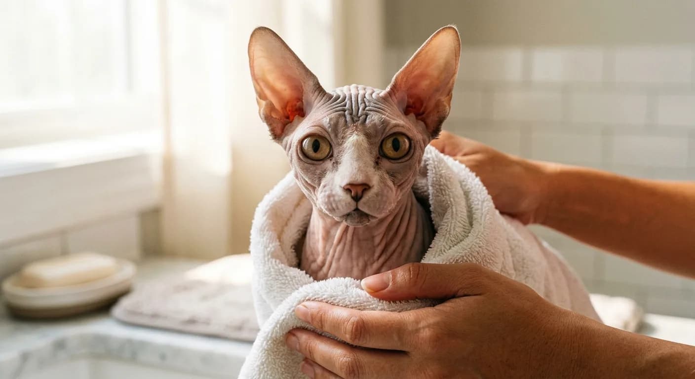 A hairless Sphynx cat with damp pinkish-grey wrinkled skin wrapped in a soft warm towel after a bath, large ears, big lemon-shaped eyes, and visible skin folds, held gently by a person's hands in a bright bathroom