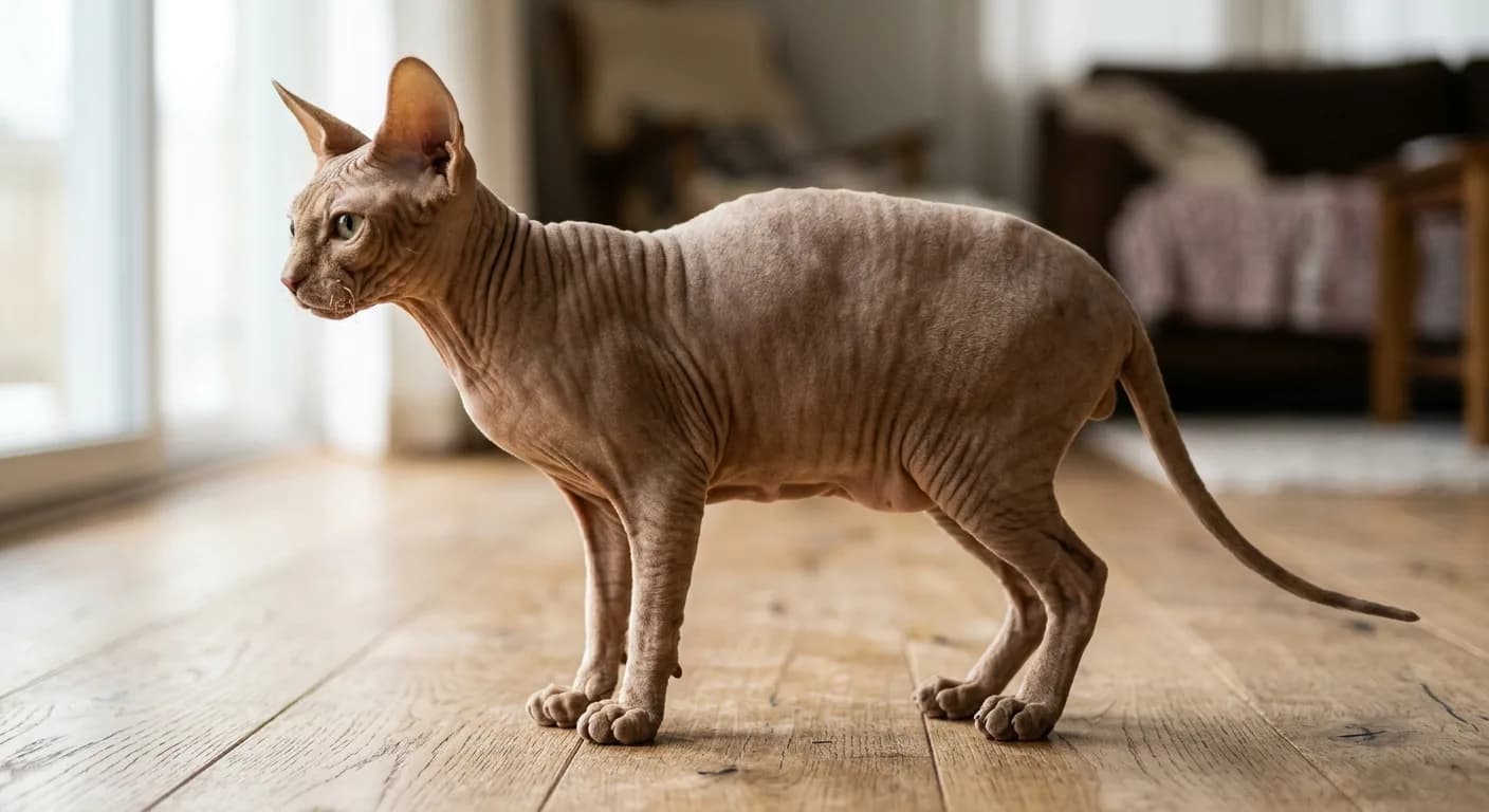 A Donskoy hairless cat with warm tan wrinkled suede-like skin, an angular wedge head, very large wide-set ears, large almond-shaped eyes, long slender webbed toes, a barrel body, and a whip-like tail, standing alert on a wooden floor in soft daylight