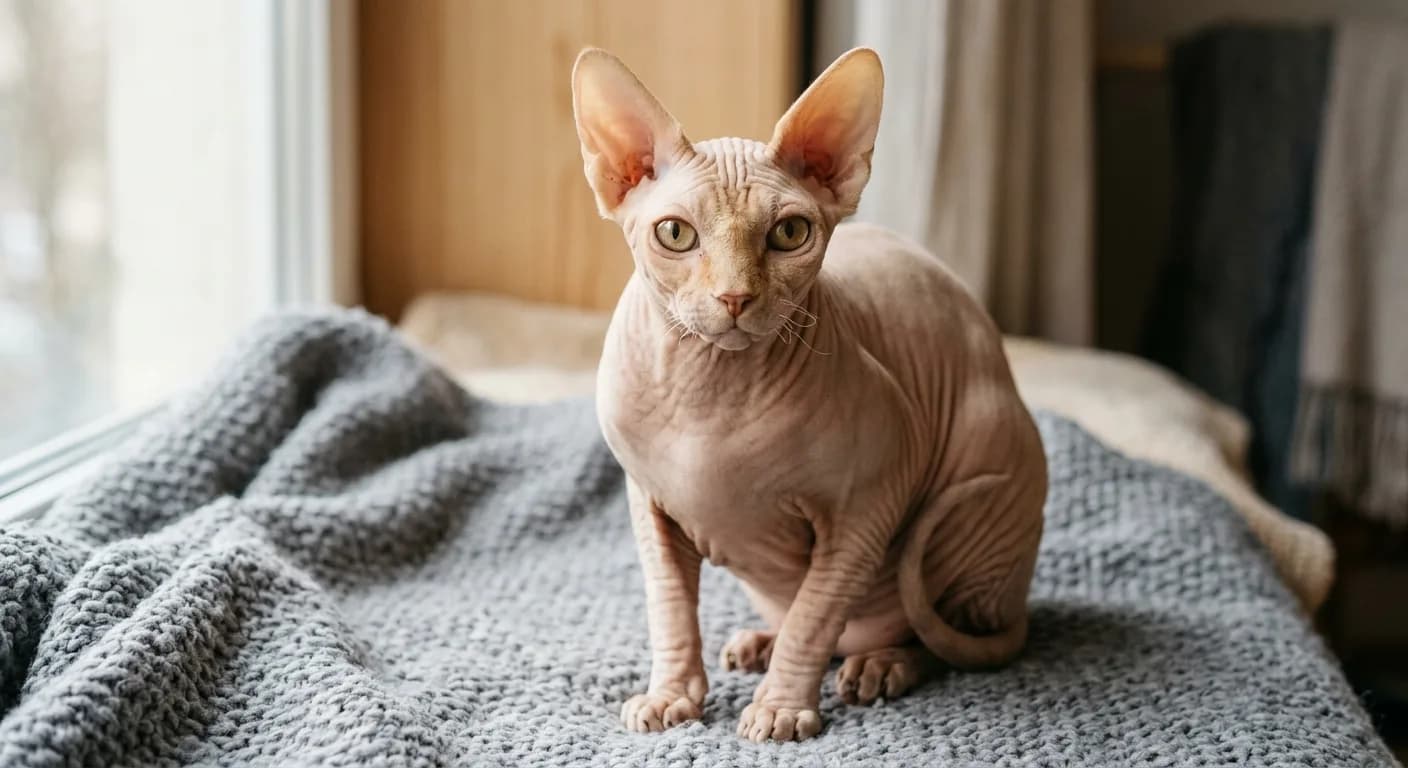 A hairless Sphynx cat with soft wrinkled suede-like skin in a warm cream-and-pink tone, a wedge-shaped head with very large wide-set ears, prominent cheekbones, large lemon-shaped eyes, and a sturdy barrel body, sitting upright on a soft grey blanket in soft window light