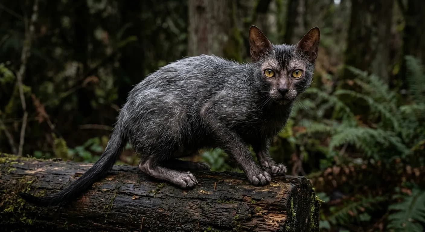 A Lykoi werewolf cat with a thin patchy roan black-and-grey coat, bald skin around the large yellow eyes and the muzzle and ears, a wedge-shaped head, lean athletic body, and a thin tail, perched on a dark log in moody natural light
