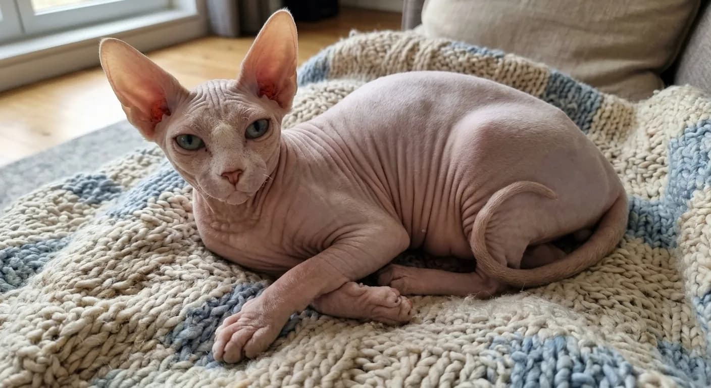 A hairless Sphynx cat with pale pinkish-grey wrinkled skin, a wedge-shaped head, very large wide-set ears, prominent cheekbones, large lemon-shaped blue-green eyes, a barrel pot-belly body, long slender legs, and a whip-like tail, lounging on a knitted blanket