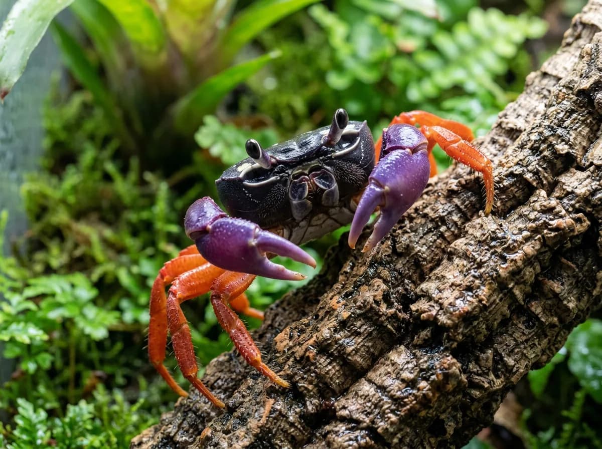 Close-up of a Halloween moon crab climbing cork bark, showing its black carapace, orange legs, purple claws, and white-ringed stalked eyes.