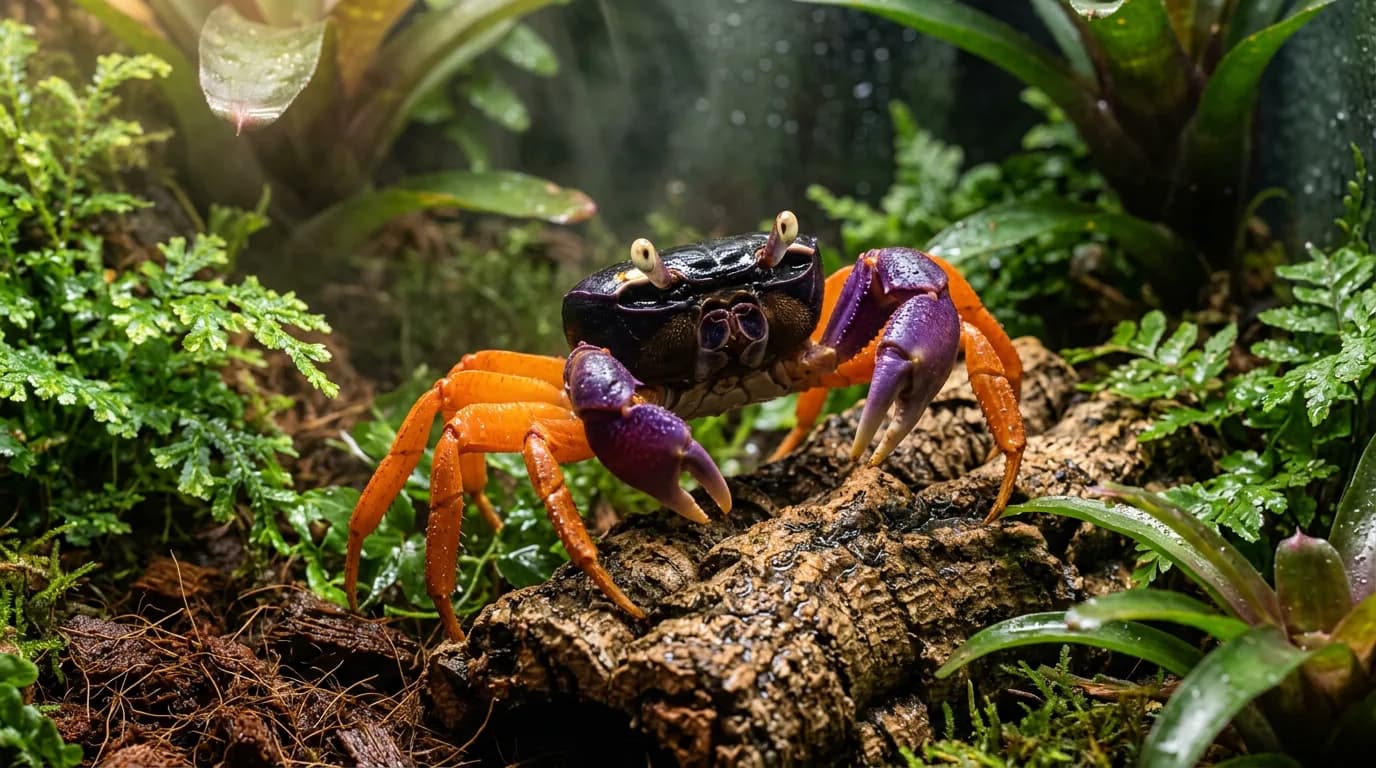 A Halloween moon crab with a glossy black shell, bright orange legs, and purple claws perched on cork bark in a humid, planted terrarium.