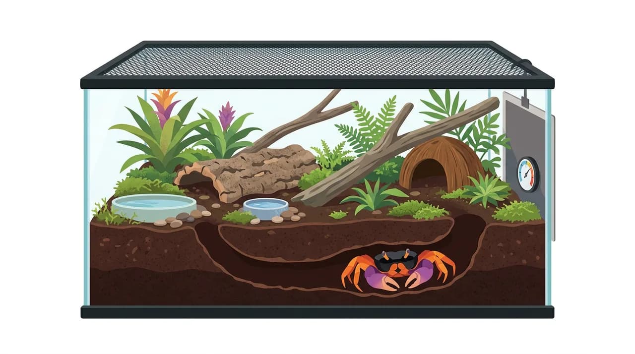 Cutaway illustration of a Halloween moon crab terrarium showing deep moist substrate with a burrow, separate fresh and saltwater dishes, cork bark and branches for climbing, a coconut hide, a screen lid, and a side heat pad.
