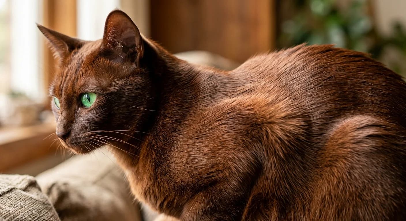 Havana Brown cat in side profile showing the sleek reddish-brown mahogany short coat and vivid green eye in warm sidelight
