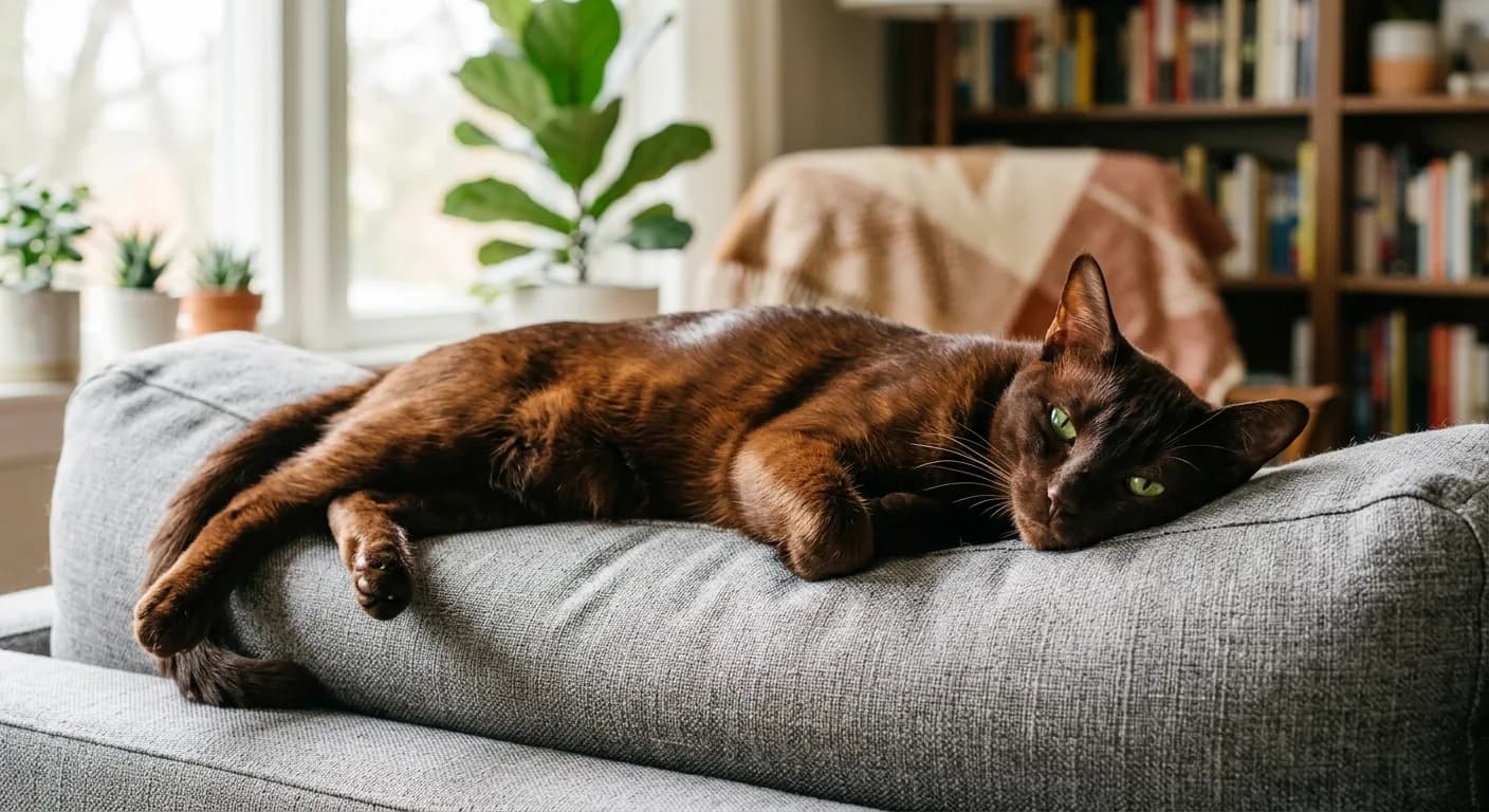Havana Brown cat stretched out and resting on a grey sofa arm in a bright living room, warm mahogany coat and vivid green eyes in a relaxed pose