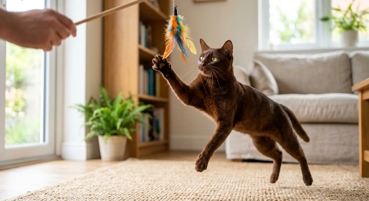 Havana Brown cat leaping mid-air with paw extended to grab a colorful feather wand toy, vivid green eyes locked on target
