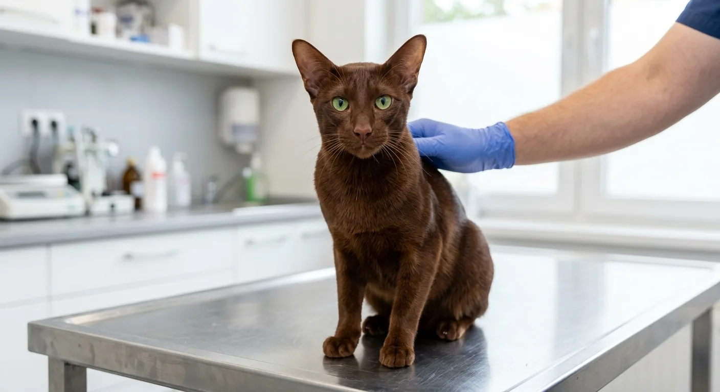 A Havana Brown cat with mahogany coat sits calmly on a stainless steel vet exam table during a routine wellness checkup
