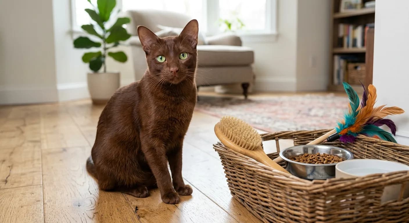 A Havana Brown cat with mahogany coat and green eyes sits beside a basket of cat supplies including a brush, bowl, and toy