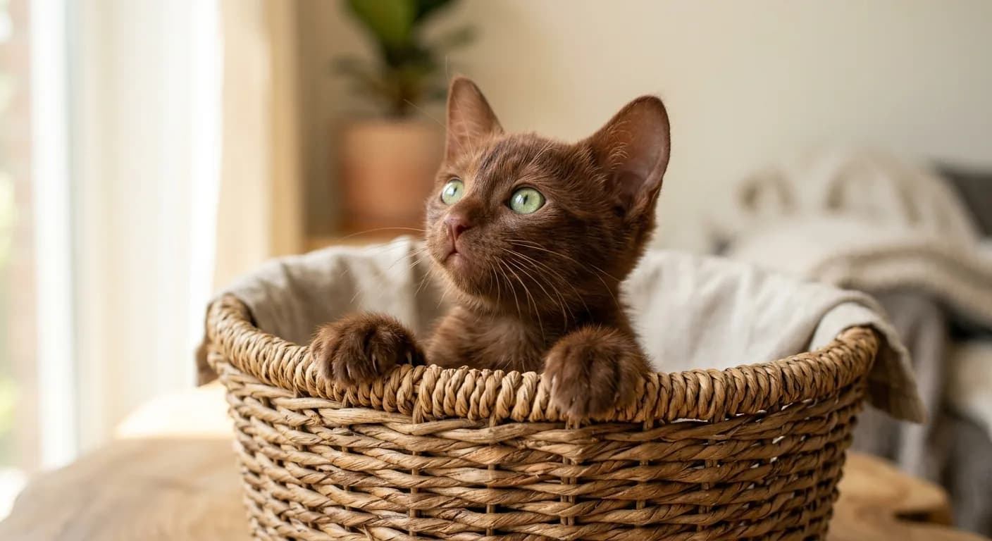 A young Havana Brown kitten with wide green eyes peers over the edge of a wicker basket, showing the breed's warm mahogany coat