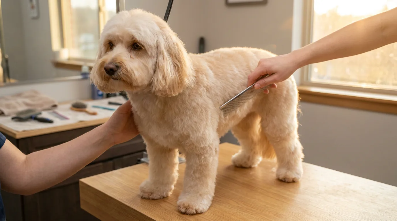 Cream dog with a tidy medium trim standing on a grooming table