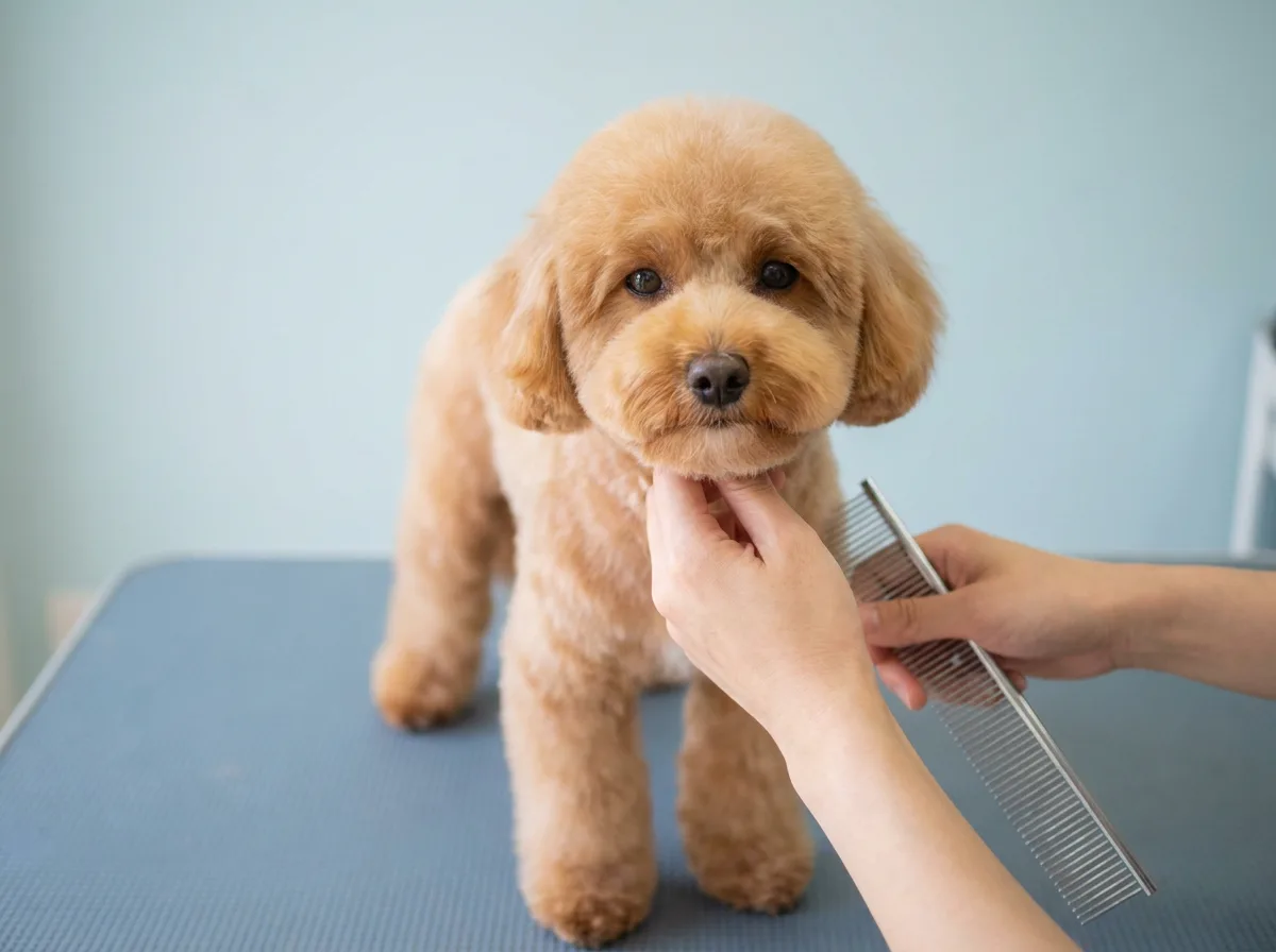 Apricot dog with a rounded face and shorter body coat on a blue grooming mat