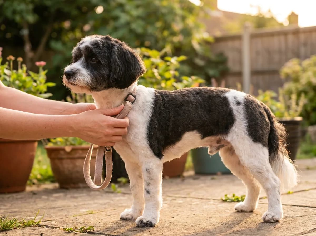 Black-and-white dog with an even trim and short coat standing on a path