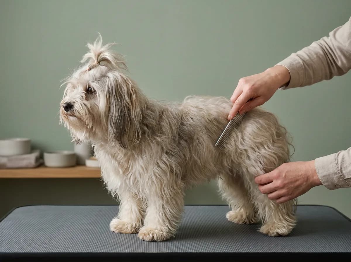 Silver cream dog with a longer coat and loose topknot being gently combed