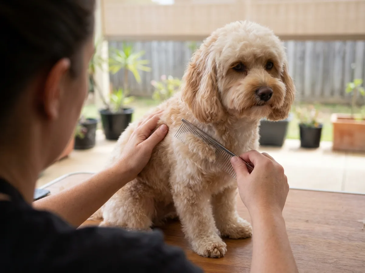 Owner checking a cream dog’s chest coat with a metal comb