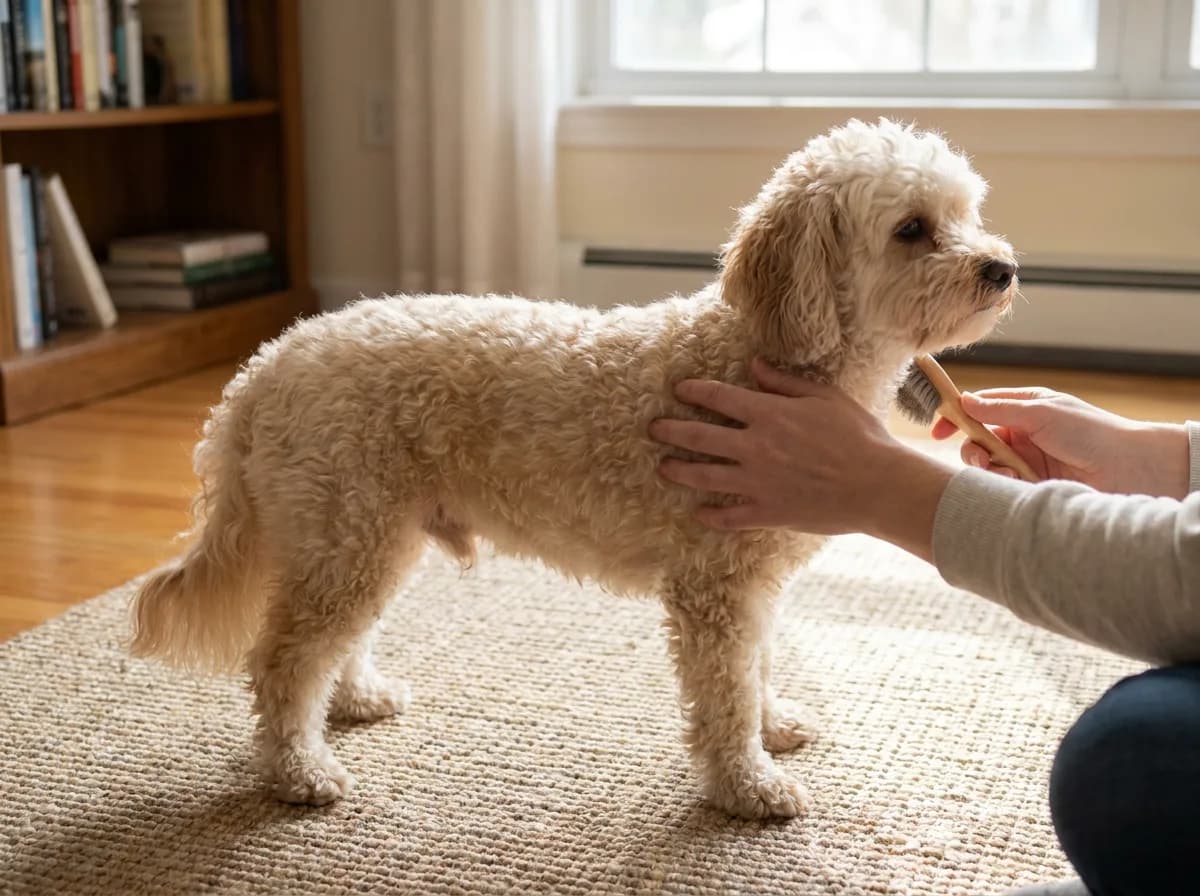 Cream wavy dog standing near an owner in a living room