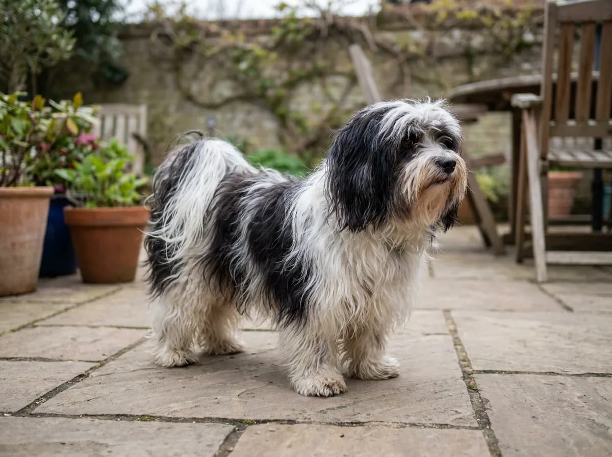 Long-coated black-and-white dog standing side-on on a patio