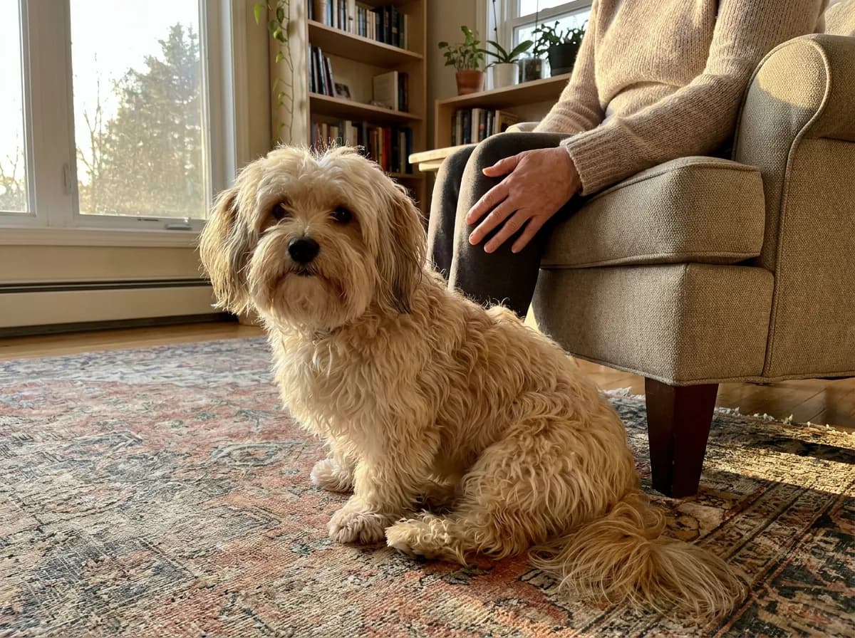 Cream companion dog sitting near an armchair