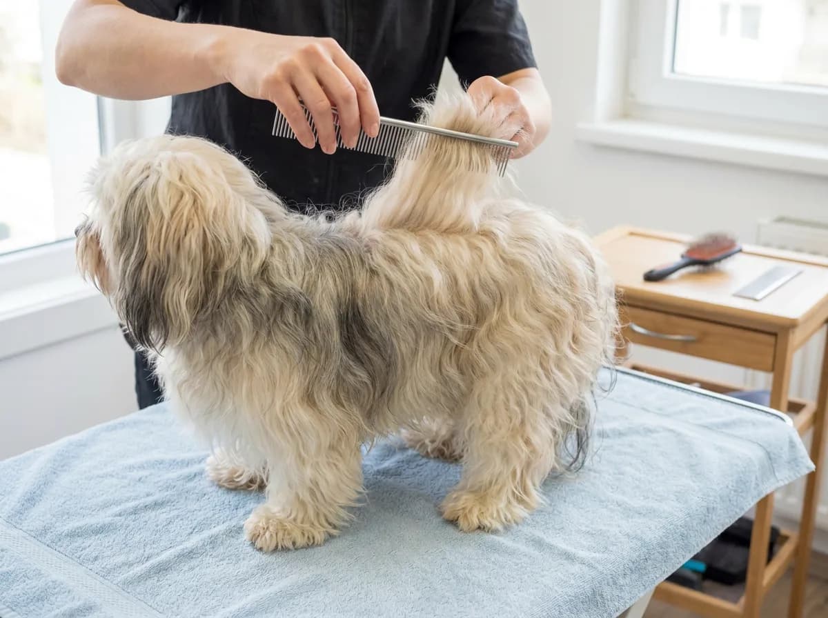 Owner combing a long gray and cream coat in small sections