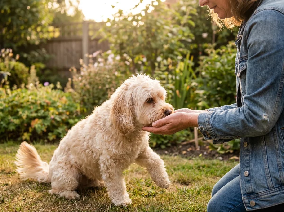 Cream companion dog lifting a paw during a gentle training interaction
