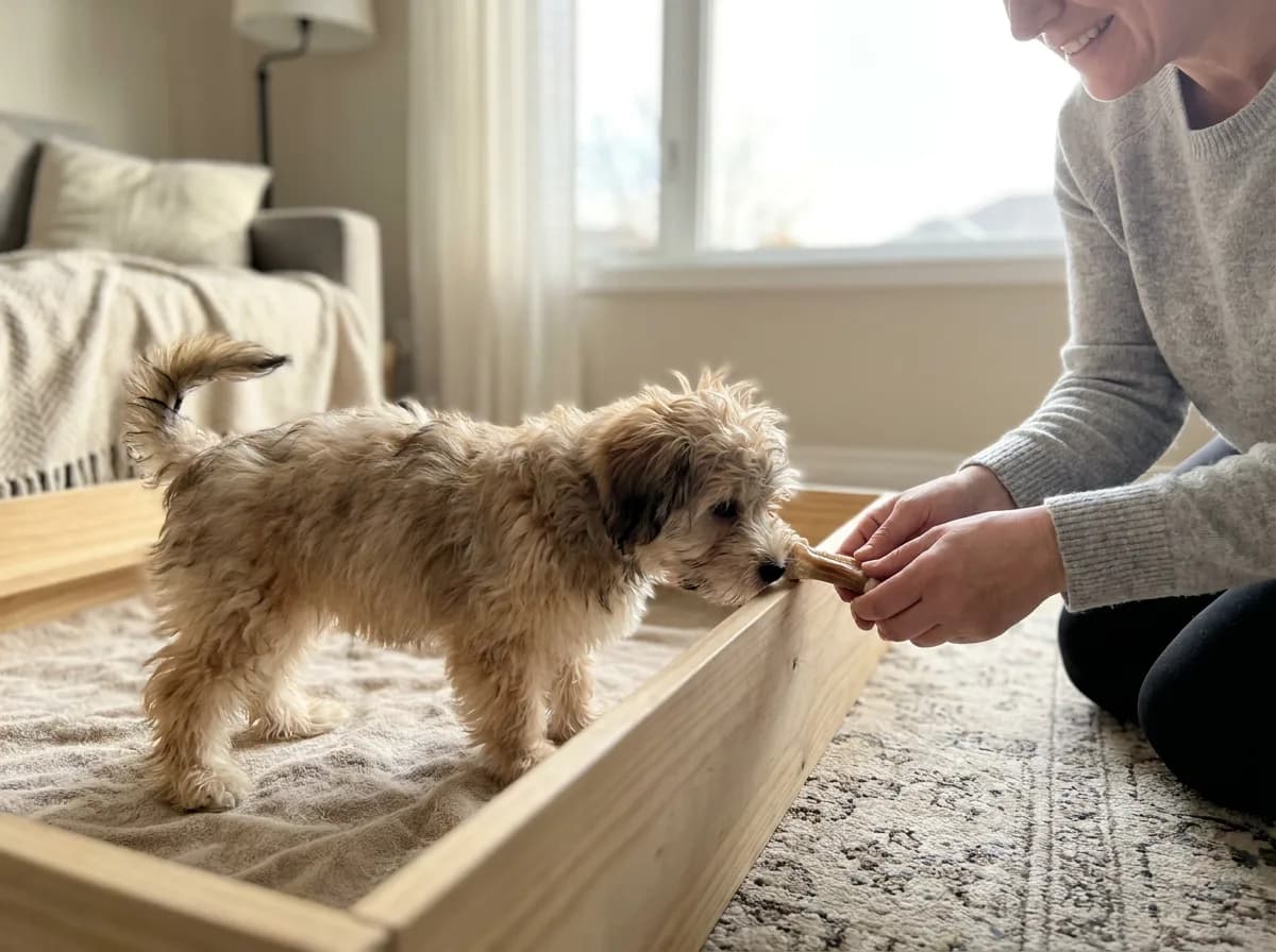 Gray-brown puppy exploring a low wooden pen beside an owner