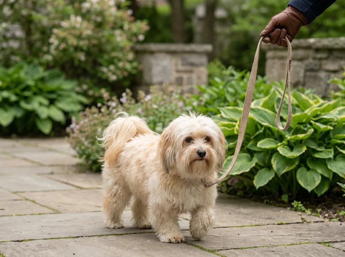 Long-coated cream companion dog walking on a garden path