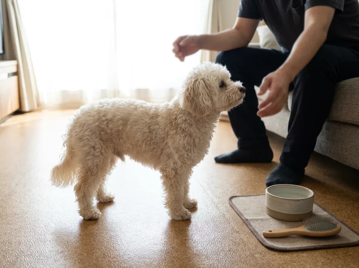 Small white curly dog standing near a seated adult on an indoor floor