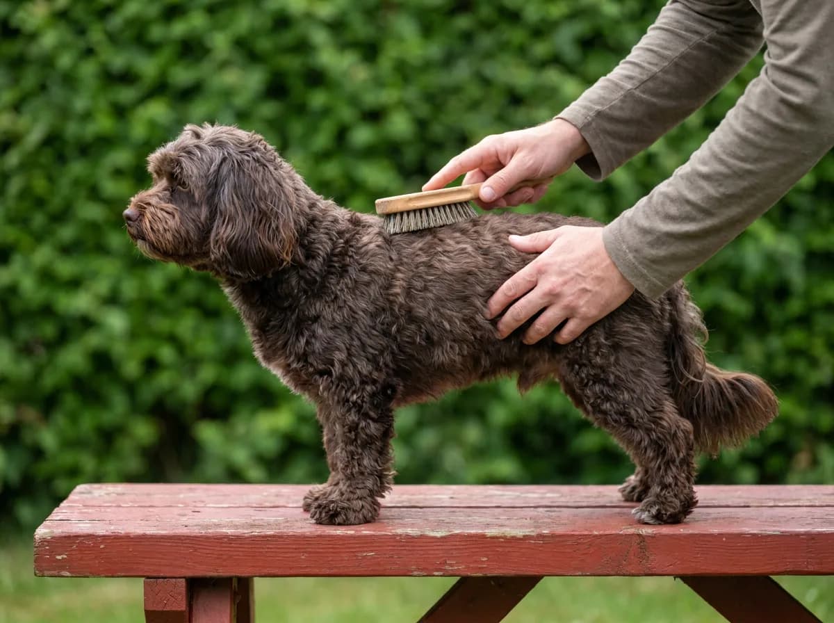 Brown wavy dog being gently brushed on a low red outdoor bench
