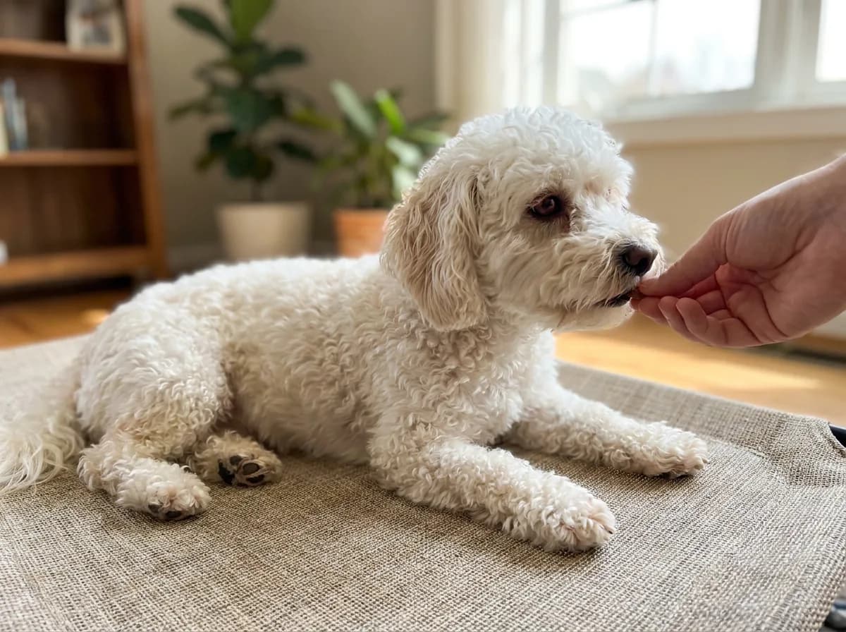 White curly dog practising a calm settle beside an owner