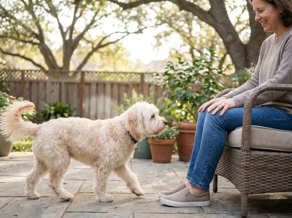 Cream companion dog approaching a seated visitor in a garden
