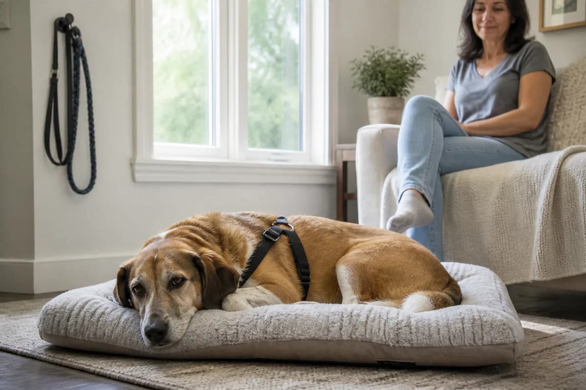 Dog resting quietly on a bed at home during heartworm treatment exercise restriction