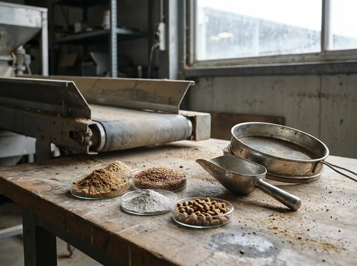Small piles of dry ingredients and kibble beside metal scoops on a workbench.