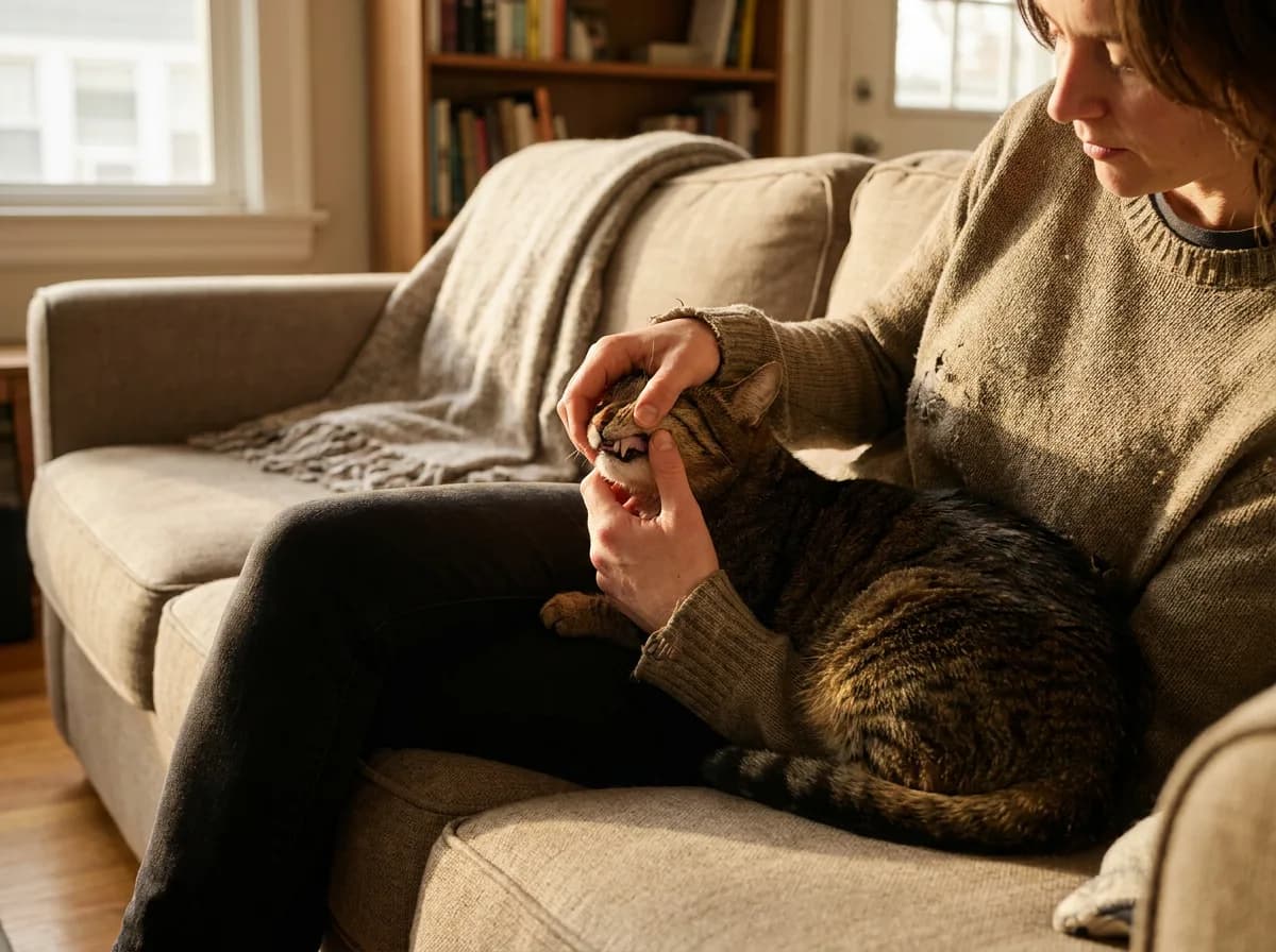 Owner gently lifting a tabby cat's lip while sitting on a sofa.