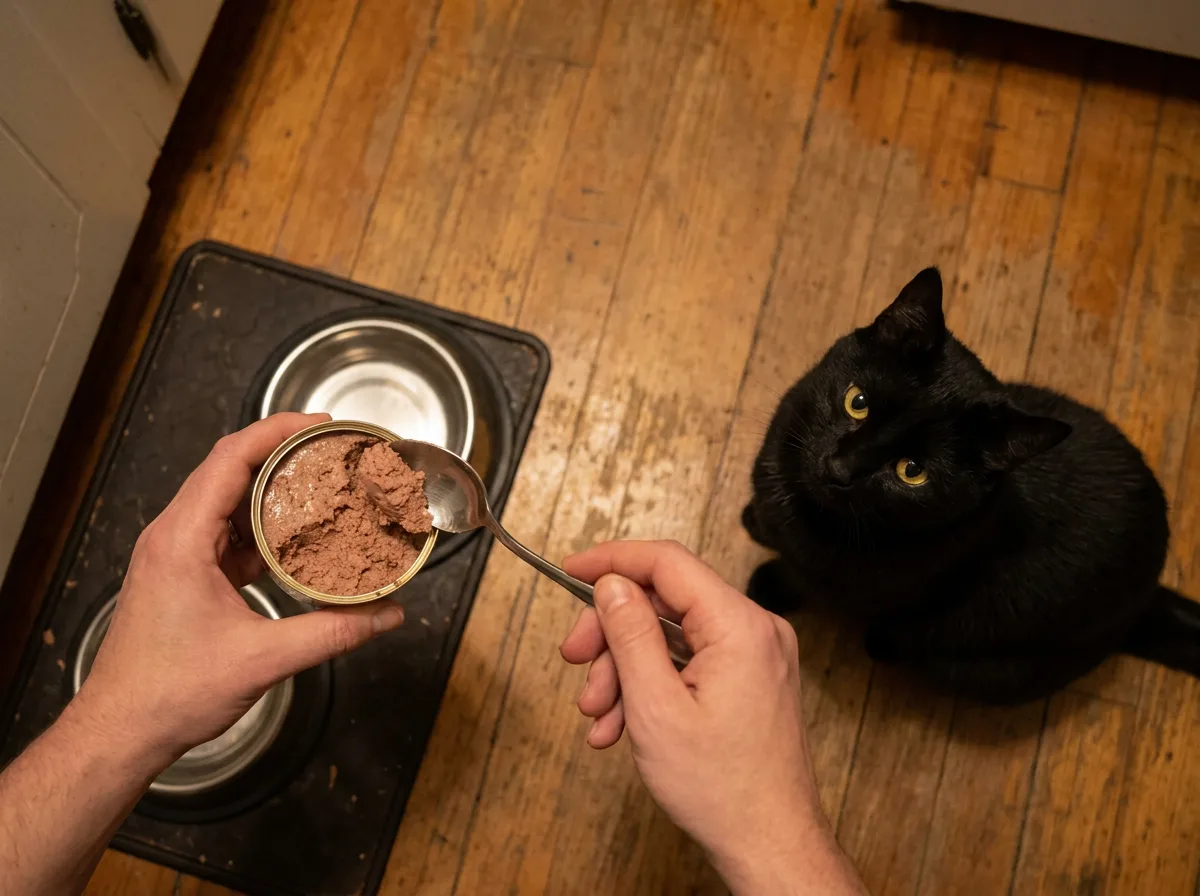 Wet food being spooned into a metal bowl while a black cat waits nearby.