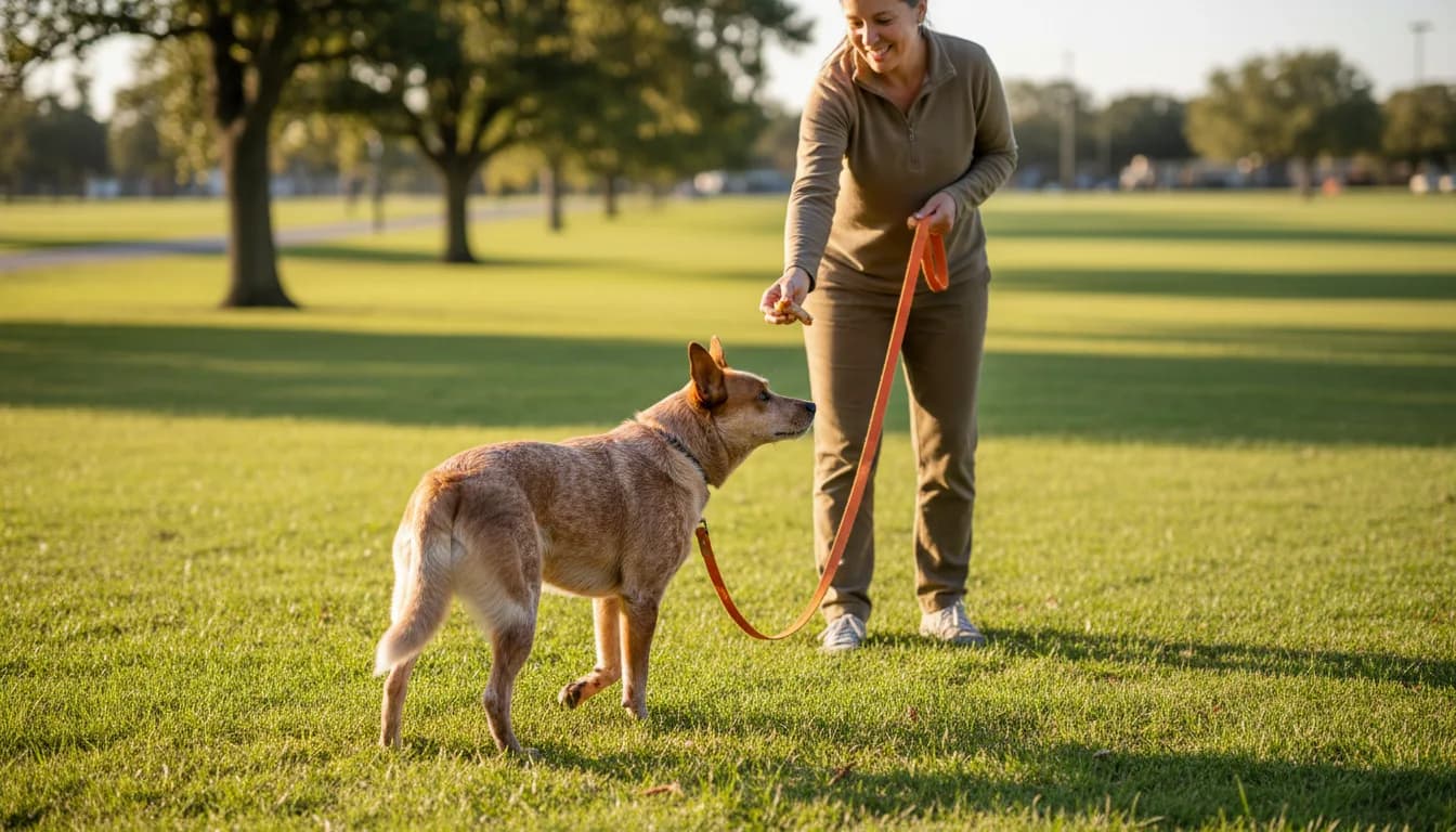 Cattle dog approaching an owner with a food reward on a loose training line.