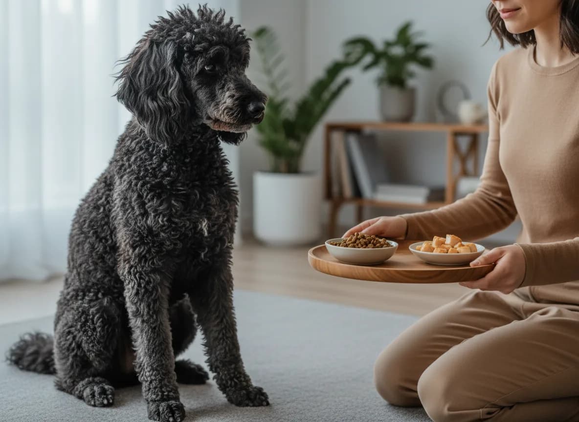 Black poodle watching an owner holding separate dishes of kibble and chicken pieces.