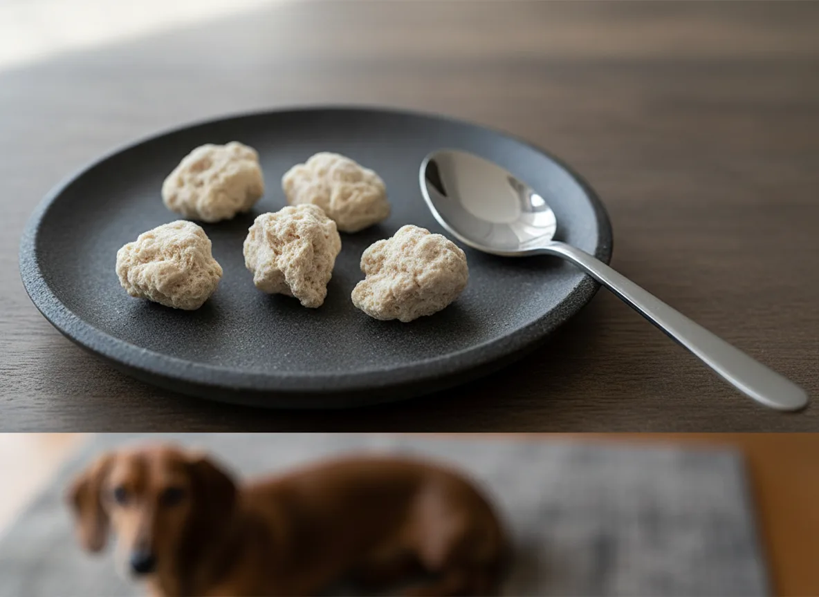 Freeze-dried food pieces on a dark saucer beside a teaspoon, with a dog in the background.