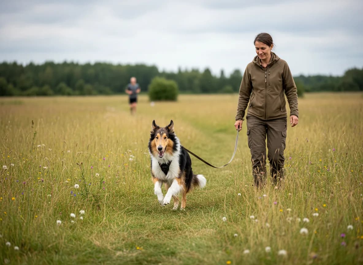 Collie and handler practicing outdoors with a distant jogger behind them.